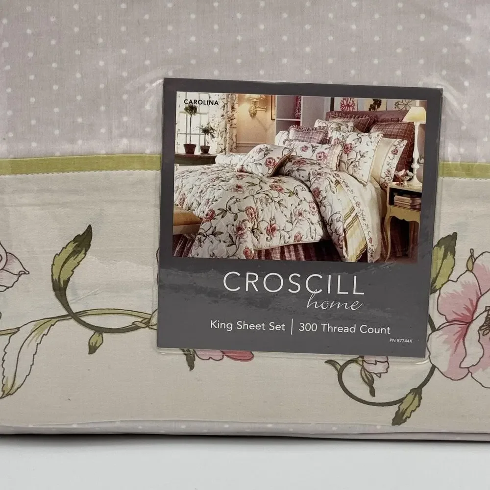 Croscill Carolina King Sheet Set Floral 300 Thread Count Cotton Sateen NEW